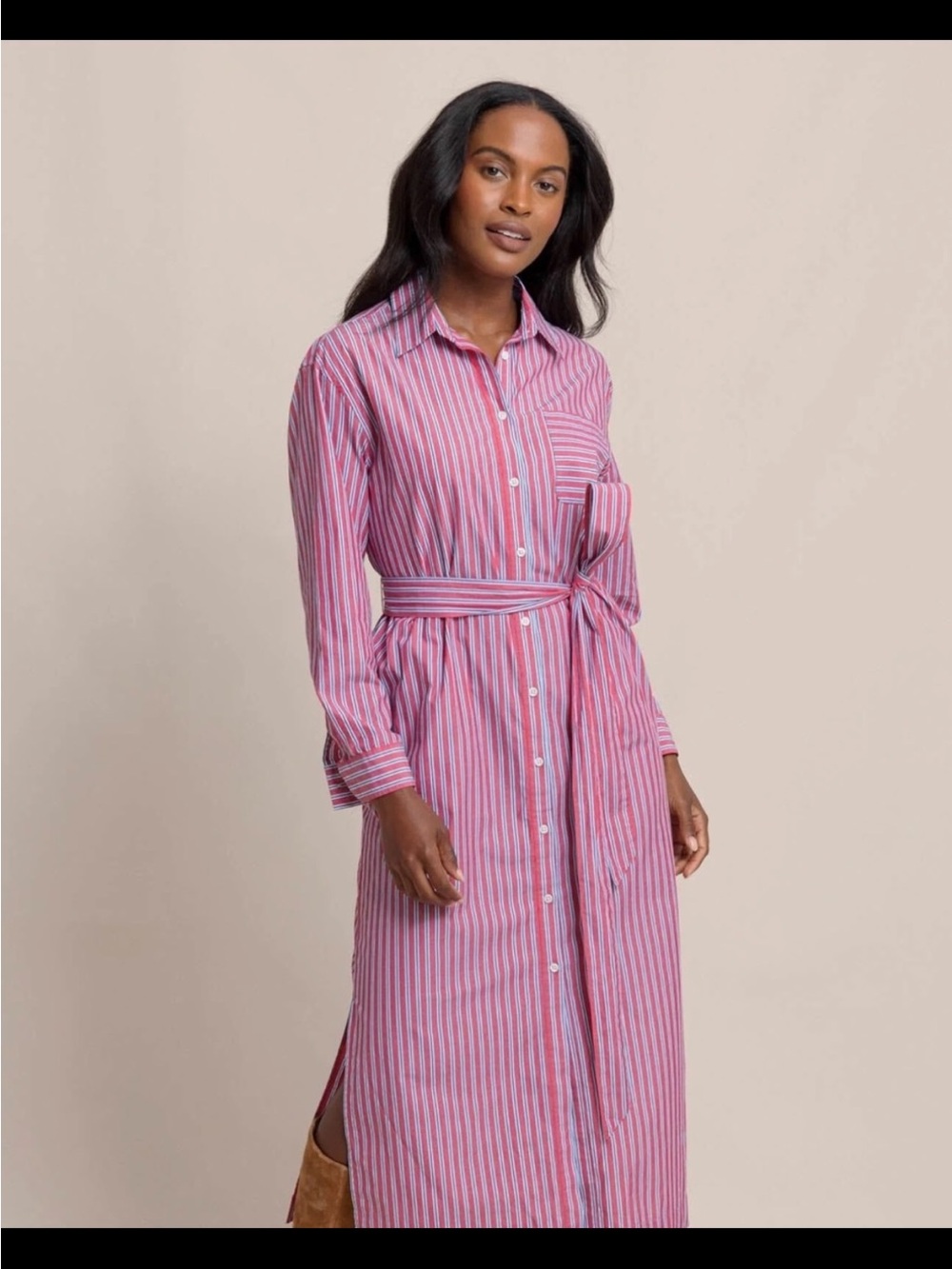 Southern Tide Raspberry Wine Striped Button-Front Shirt Dress Tie Waist Sz M NWT